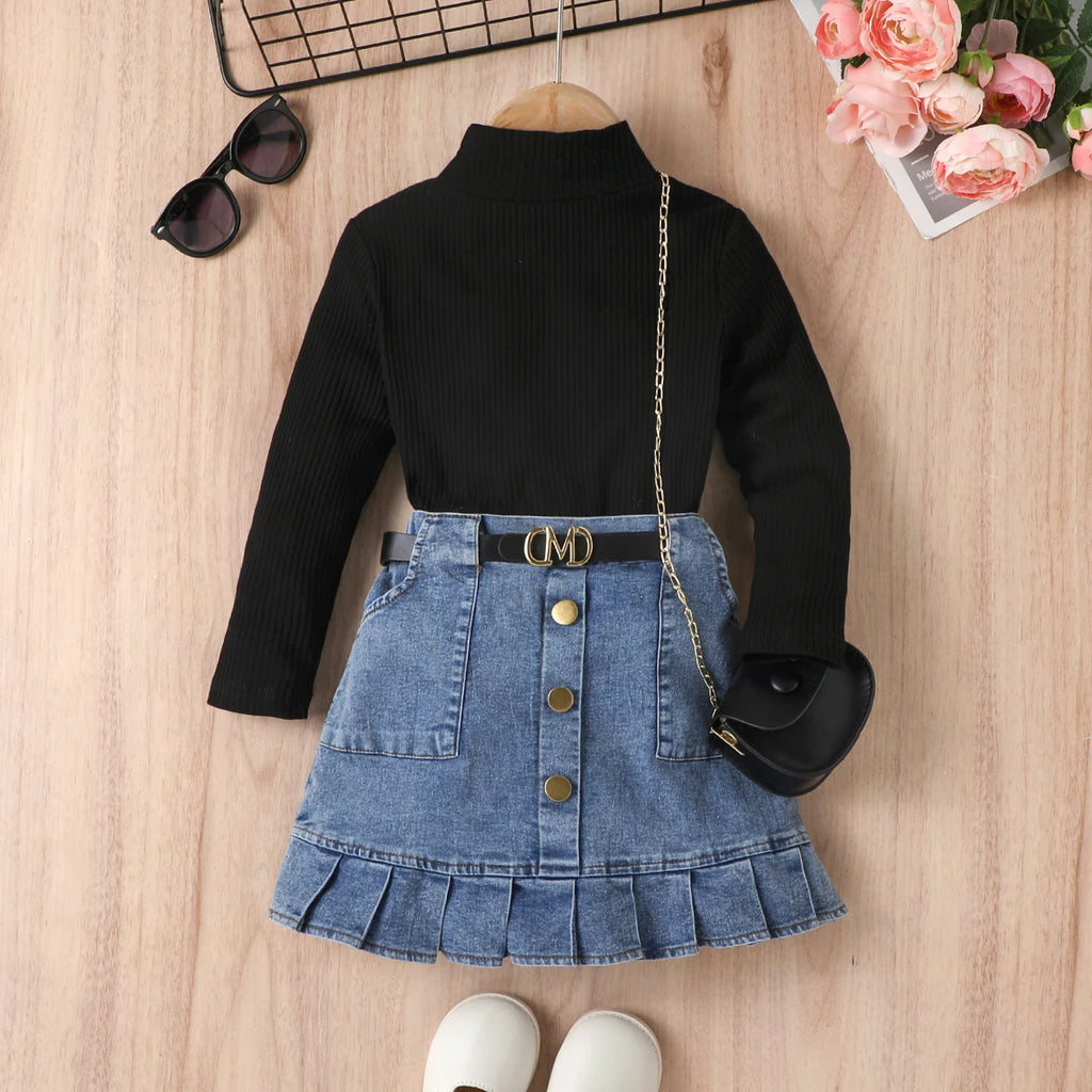 Girls High Neck Long Sleeve Ribbed Denim Pleated Skirt With Belt