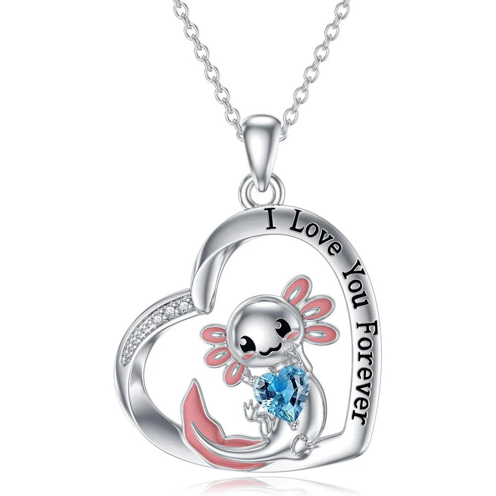 White Crystal Pink Axolotl Necklace
