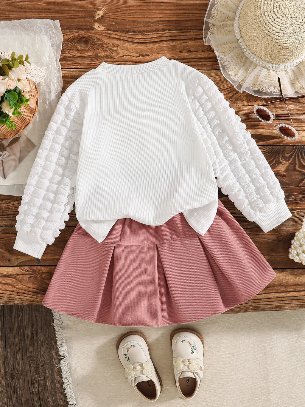 Pullover with Heart Pattern Top + Pink Bow Skirt Set
