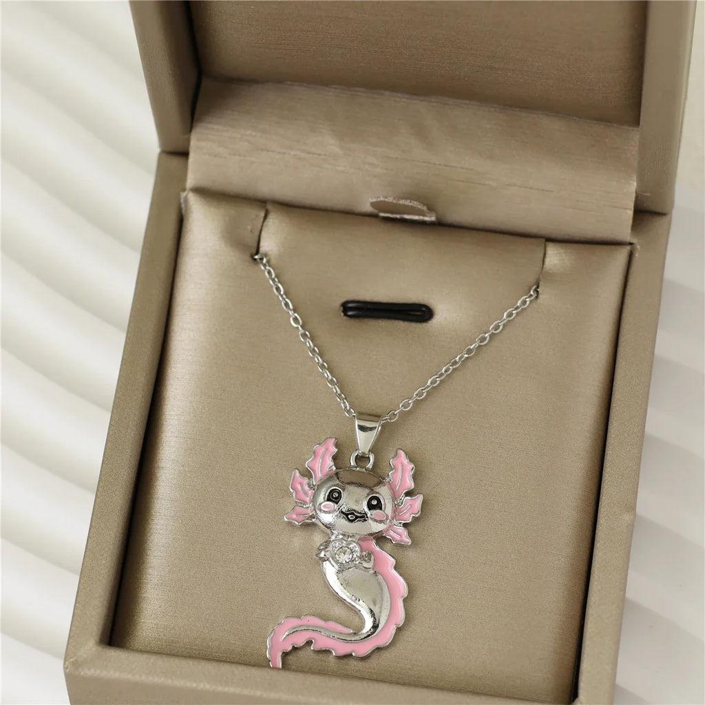 White Crystal Pink Axolotl Necklace