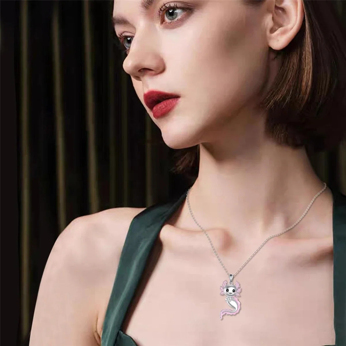 White Crystal Pink Axolotl Necklace