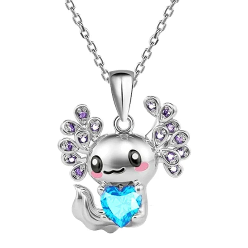 White Crystal Pink Axolotl Necklace