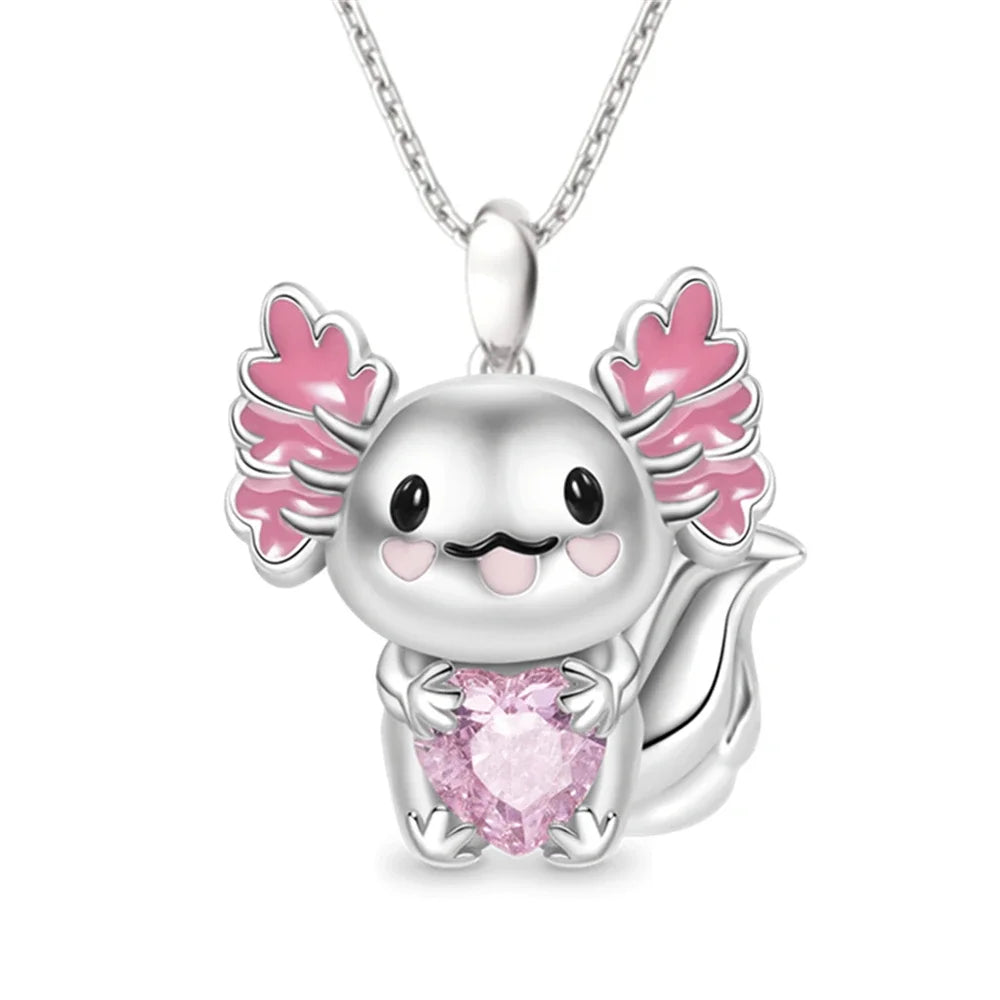White Crystal Pink Axolotl Necklace