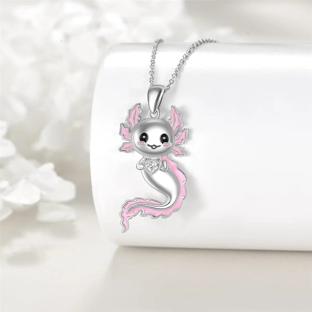 White Crystal Pink Axolotl Necklace