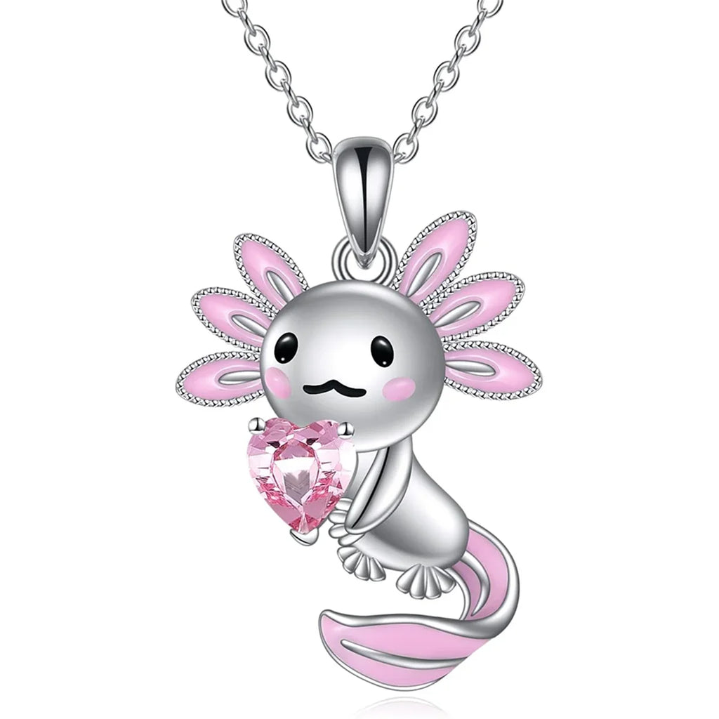 White Crystal Pink Axolotl Necklace