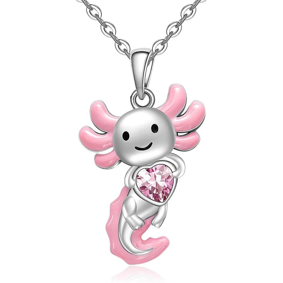 White Crystal Pink Axolotl Necklace