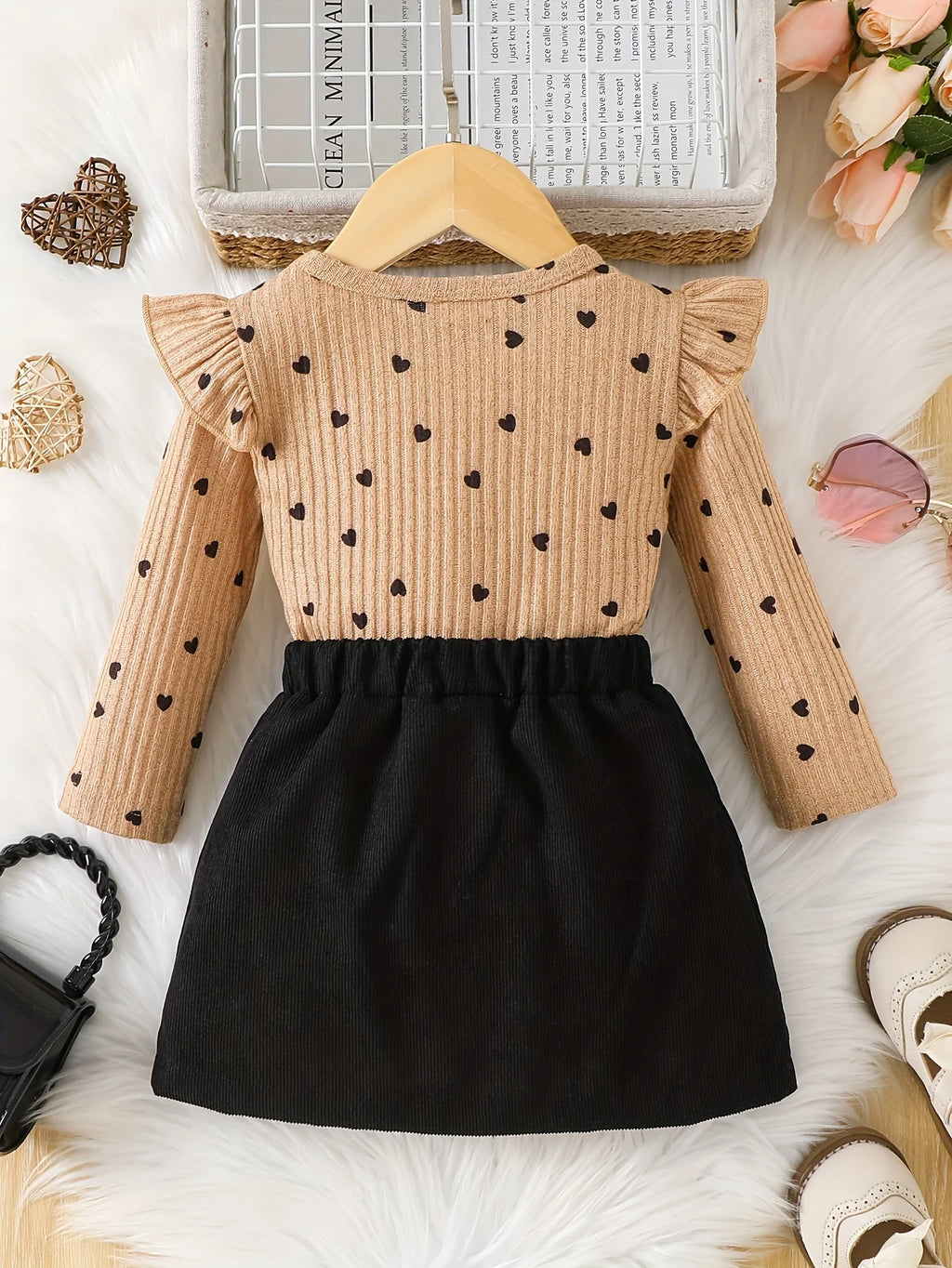 Love Print Long Sleeve W/ Black Skirt Set