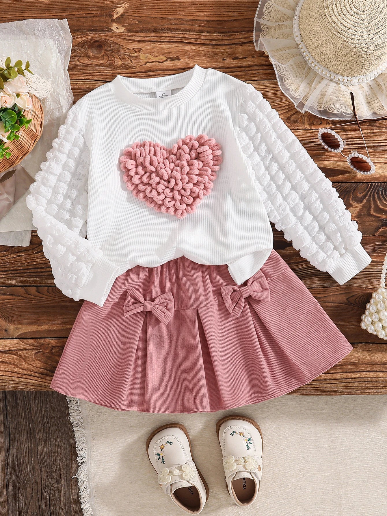 Pullover with Heart Pattern Top + Pink Bow Skirt Set