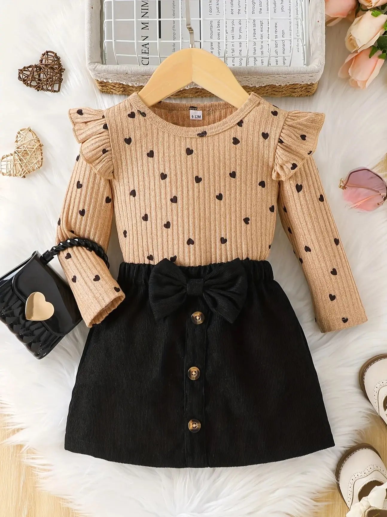 Love Print Long Sleeve W/ Black Skirt Set