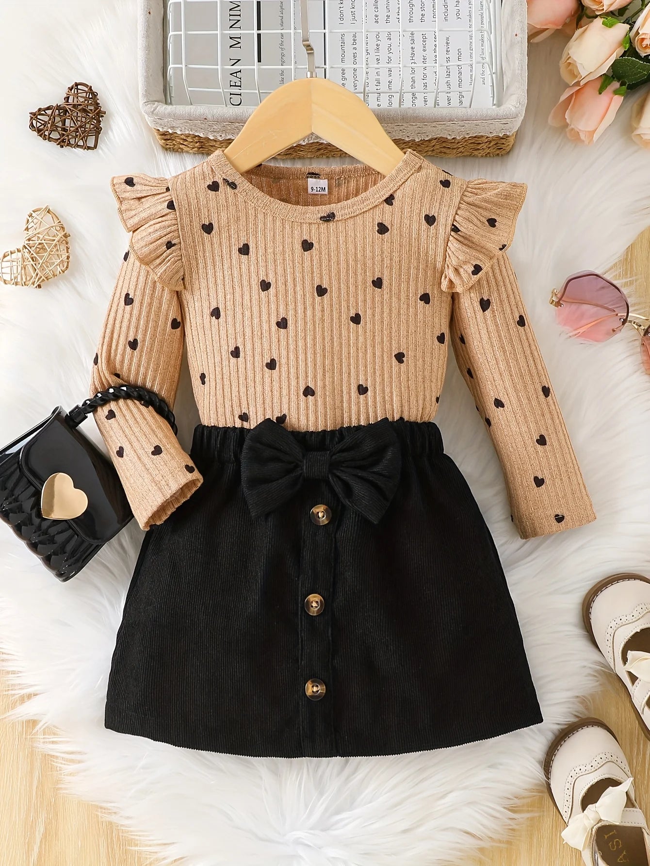 Love Print Long Sleeve W/ Black Skirt Set