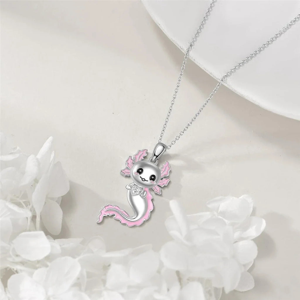 White Crystal Pink Axolotl Necklace