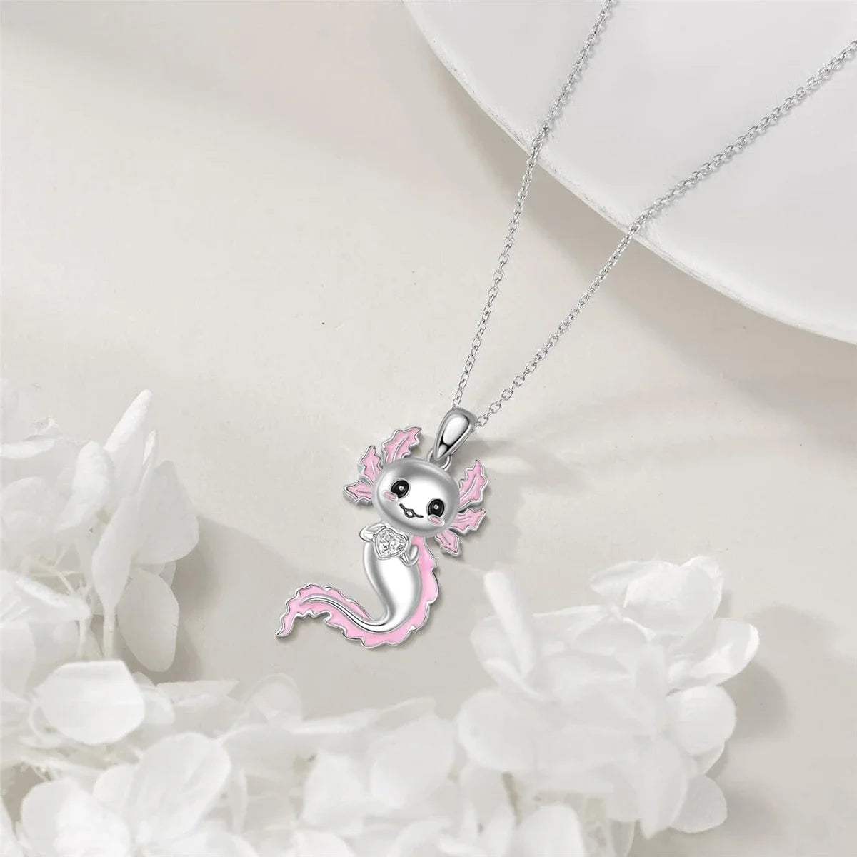 White Crystal Pink Axolotl Necklace